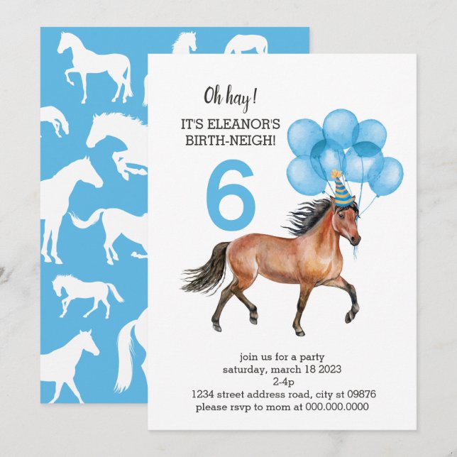 Blue Horse Birthday //Oh Hay It's Your Birth-neigh Invitation (Front/Back)