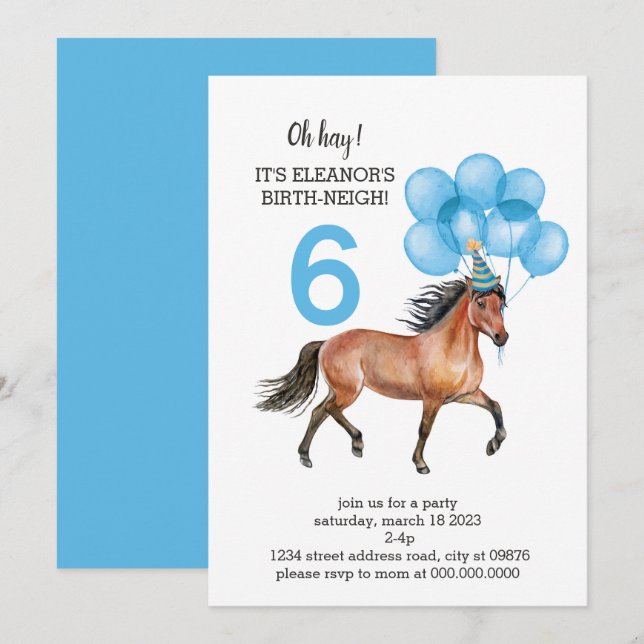 Blue Horse Birthday //Oh Hay It's Your Birth-neigh Invitation (Front/Back)