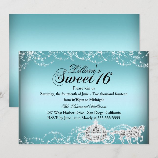 Blue Horse Carriage Princess Sweet 16 Invite (Front/Back)