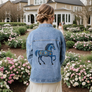 Blue Horse Floral Folk Art Personalised Denim Jacket