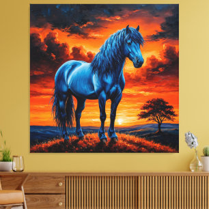 Blue Horse in a Vibrant Sunset Landscape Painting Canvas Print