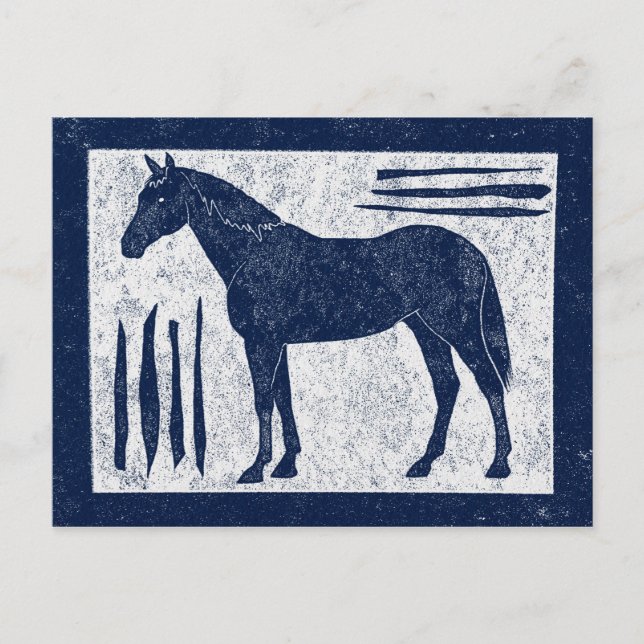 Blue Horse - Navy Blue Woodcut Style Postcard (Front)