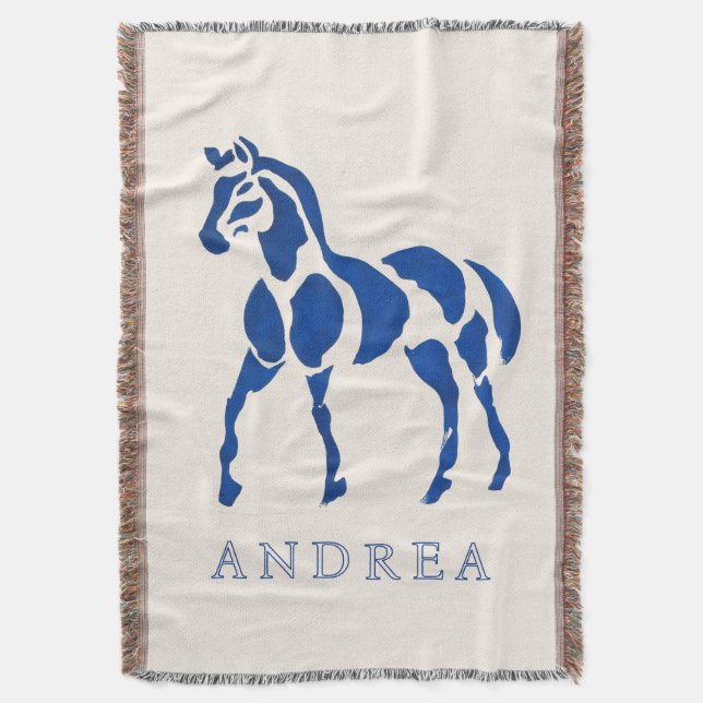 Blue Horse Painting Modern Equestrian Home Decor Throw Blanket (Front Vertical)
