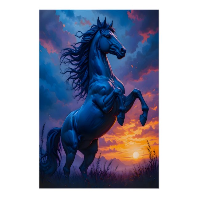 Blue Horse Sunset Fantasy Art Gift Glossy Poster  (Front)