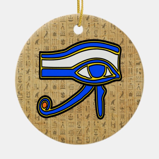 Blue Horus Eye On Hieroglyphs Ceramic Tree Decoration (Front)