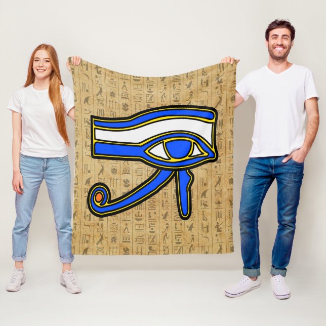 Blue Horus Eye On Hieroglyphs Fleece Blanket (In Situ)