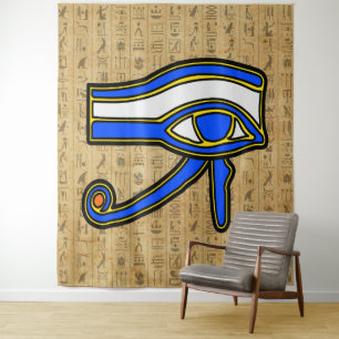 Blue Horus Eye On Hieroglyphs Tapestry