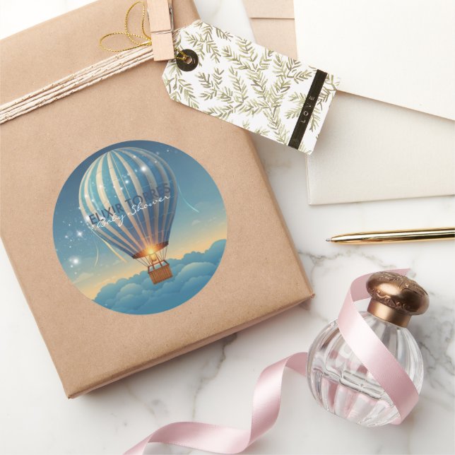 Blue Hot Air Balloon Adventure Awaits Baby Shower Classic Round Sticker (Gifting)