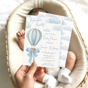 Blue Hot Air Balloon Adventure Awaits Baby Shower Invitation