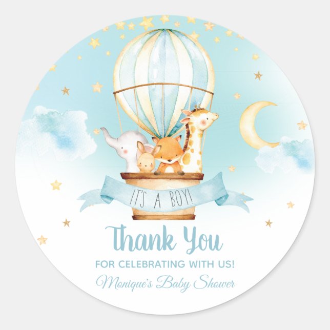 Blue Hot Air Balloon Animals Baby Shower Favours Classic Round Sticker (Front)