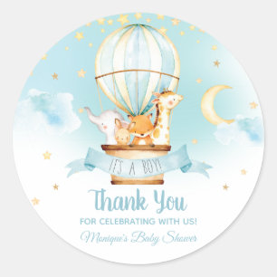 Blue Hot Air Balloon Animals Baby Shower Favours Classic Round Sticker