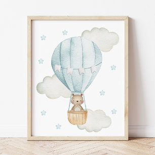 Blue Hot Air Balloon, Animals, Bear, Boy Nursery Poster