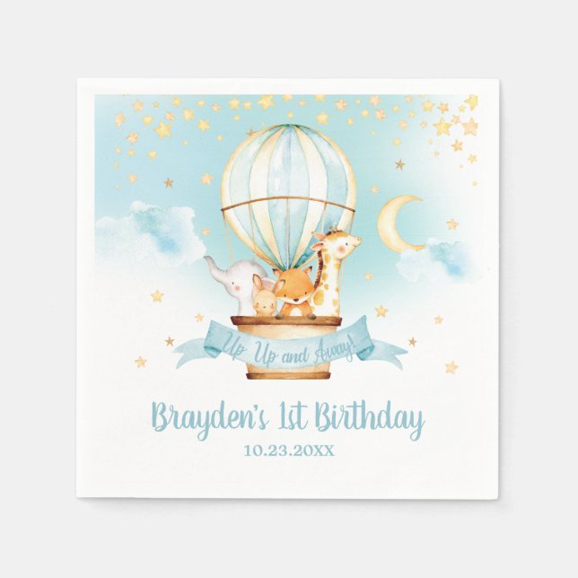 Blue Hot Air Balloon Animals Birthday Party  Napkin (Front)