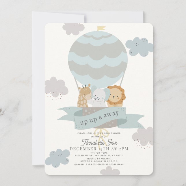 Blue Hot Air Balloon Animals Boy Baby Shower Invitation (Front)