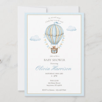 Blue Hot Air Balloon Baby Boy Shower Invitation