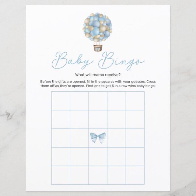 Blue Hot Air Balloon Baby Shower Bingo Game (Front)