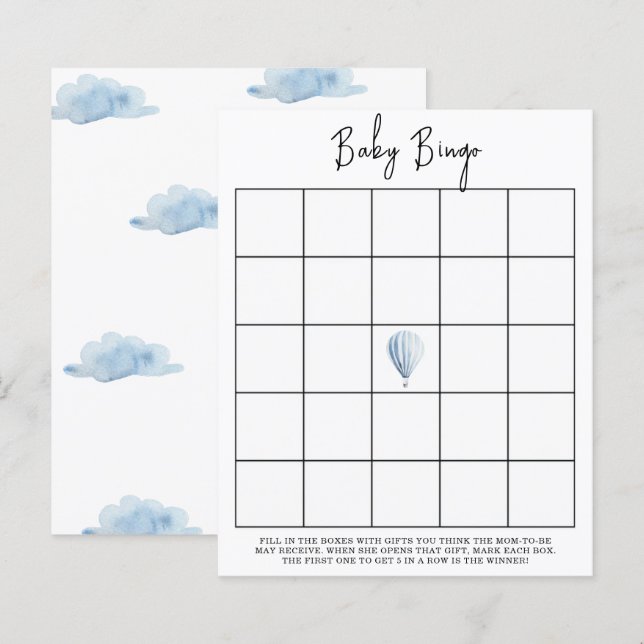 Blue hot air balloon - Baby shower bingo game (Front/Back)