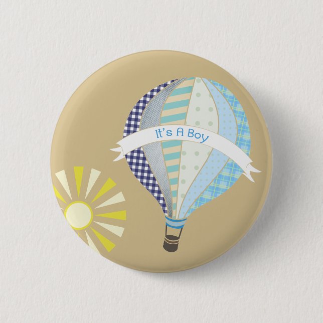 Blue Hot Air Balloon Baby Shower Button (Front)