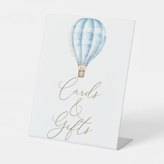 Blue Hot Air Balloon Baby Shower Cards And Gifts Pedestal Sign (Front)