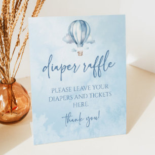 Blue Hot Air Balloon Baby Shower Diaper Raffle Pedestal Sign