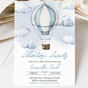 Blue Hot Air Balloon Baby Shower Invitation