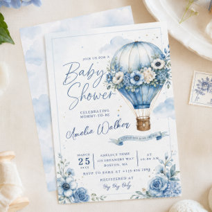 Blue Hot Air Balloon Baby Shower Invitation