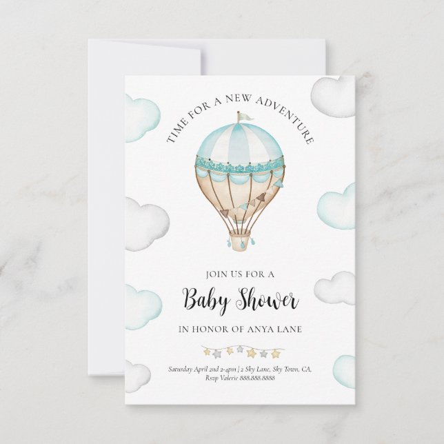 Blue Hot Air Balloon Baby Shower Invitation Boy (Front)
