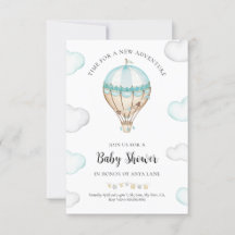 Blue Hot Air Balloon Baby Shower Invitation Boy