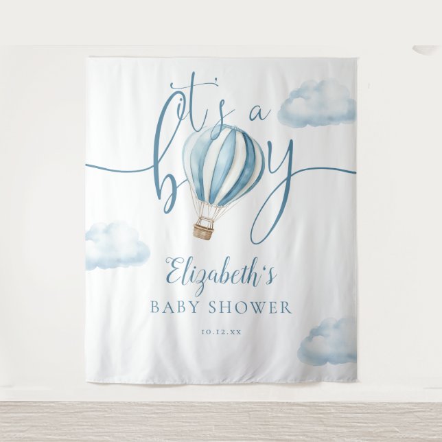 Blue Hot Air Balloon Baby Shower Photo Backdrop Tapestry (Front)