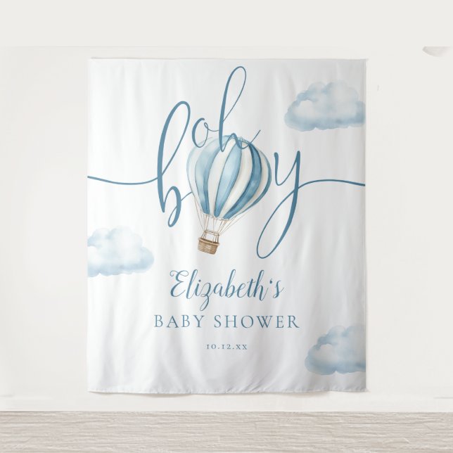 Blue Hot Air Balloon Baby Shower Photo Backdrop Tapestry (Front)