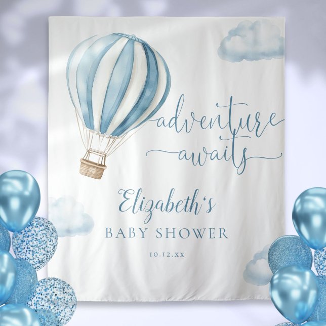 Blue Hot Air Balloon Baby Shower Photo Backdrop Tapestry (Blue Hot Air Balloon Baby Shower Photo Backdrop)