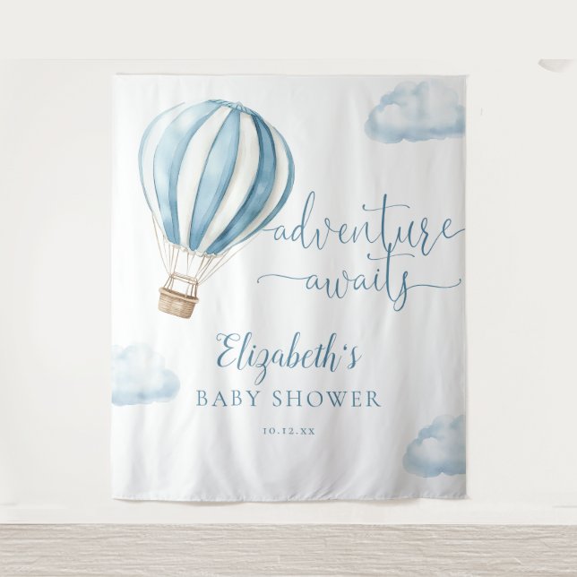 Blue Hot Air Balloon Baby Shower Photo Backdrop Tapestry (Front)