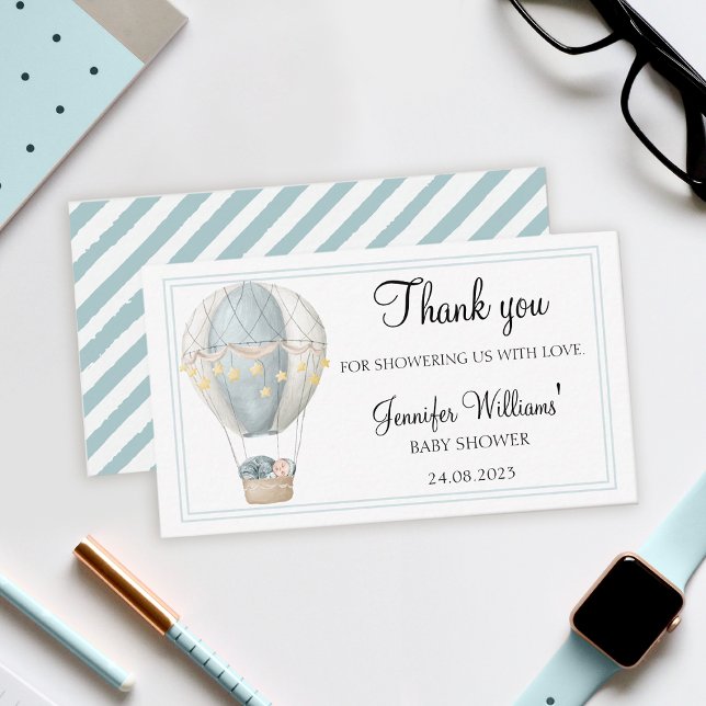 Blue hot air balloon baby shower thank you card (Creator Uploaded)