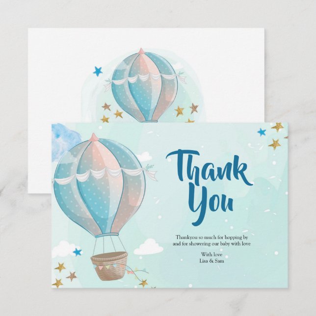 Blue Hot Air Balloon Baby Shower Thank You Card (Front/Back)