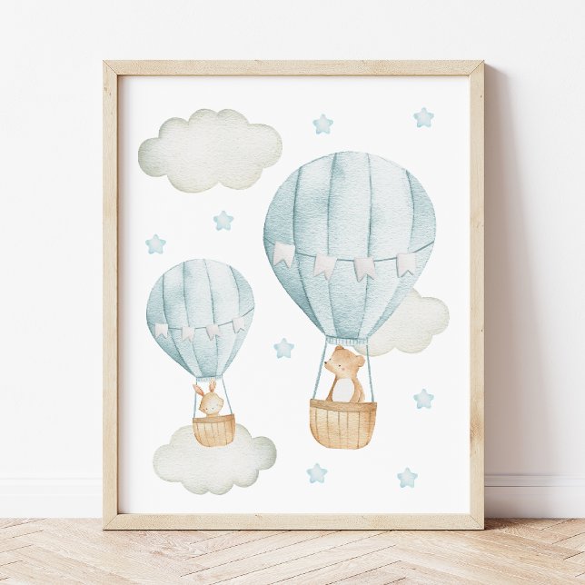Blue Hot Air Balloon, Bear, Bunny, Boy Nursery Poster (Creator Uploaded)