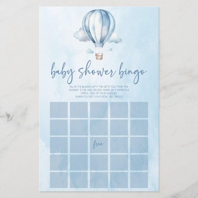 Blue Hot Air Balloon Bingo Baby Shower Game (Front)