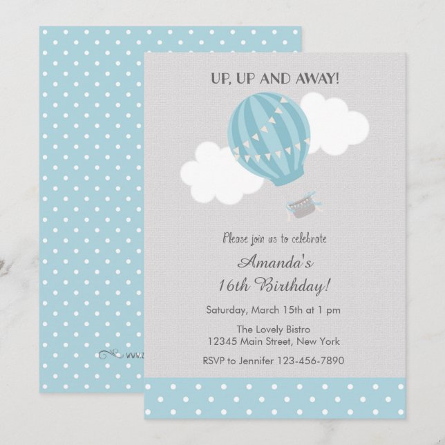 Blue Hot Air Balloon Birthday Invitation (Front/Back)