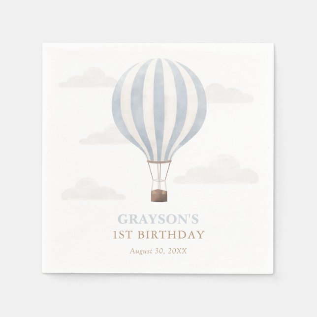Blue Hot Air Balloon Birthday Napkin (Front)