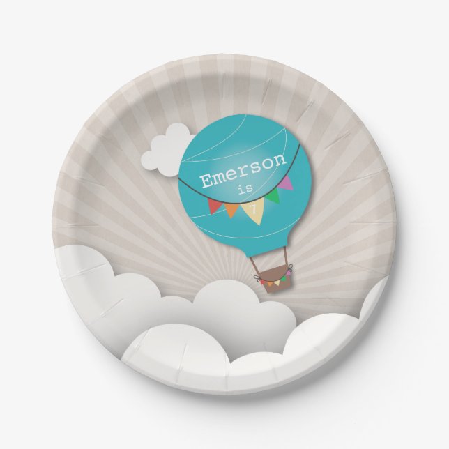 Blue Hot Air Balloon Birthday Paper Plate (Front)