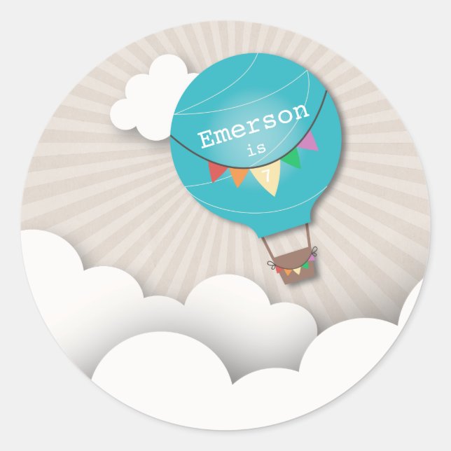 Blue Hot Air Balloon Birthday Party Sticker (Front)