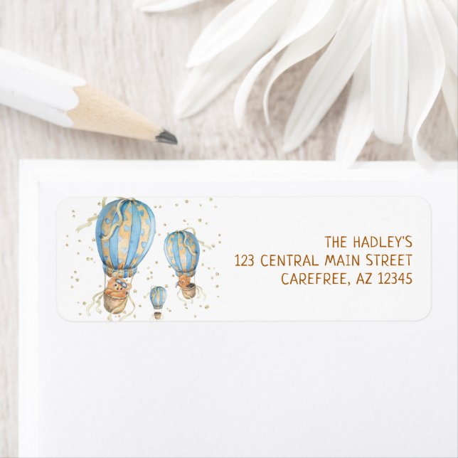 Blue Hot Air Balloon Birthday Return Address Label (Insitu)