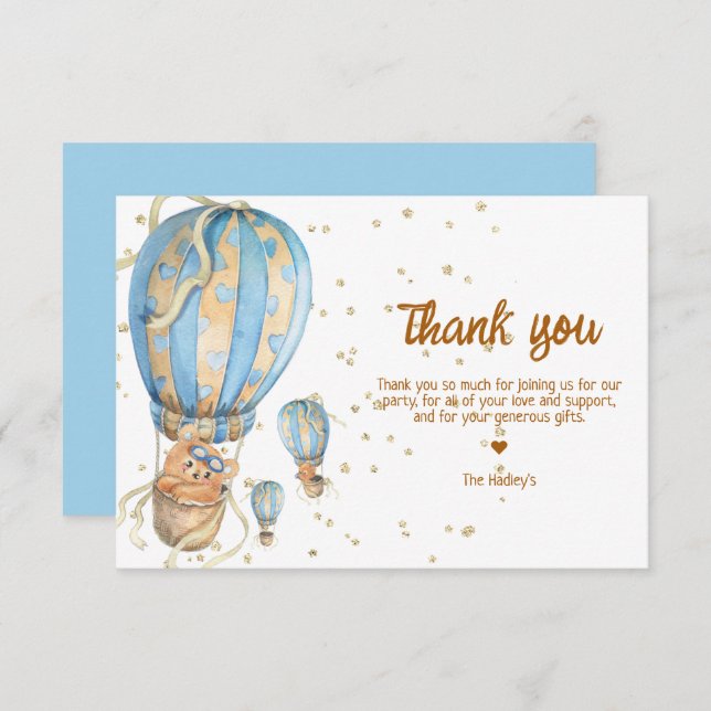 Blue Hot Air Balloon Boho Thank You Card (Front/Back)