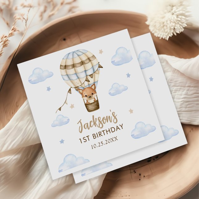 Blue Hot Air Balloon Boy 1st Birthday Napkin (Creator Uploaded)