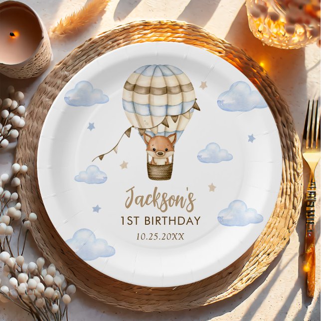 Blue Hot Air Balloon Boy 1st Birthday Paper Plate (Creator Uploaded)
