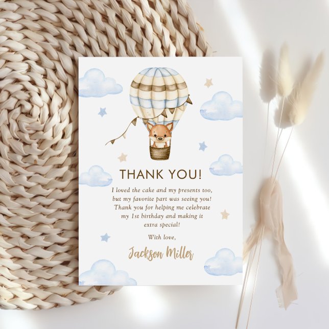 Blue Hot Air Balloon Boy 1st Birthday Thank You Card (Creator Uploaded)