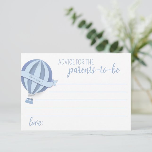 Blue Hot Air Balloon Boy Baby Shower Advice Card (Standing Front)