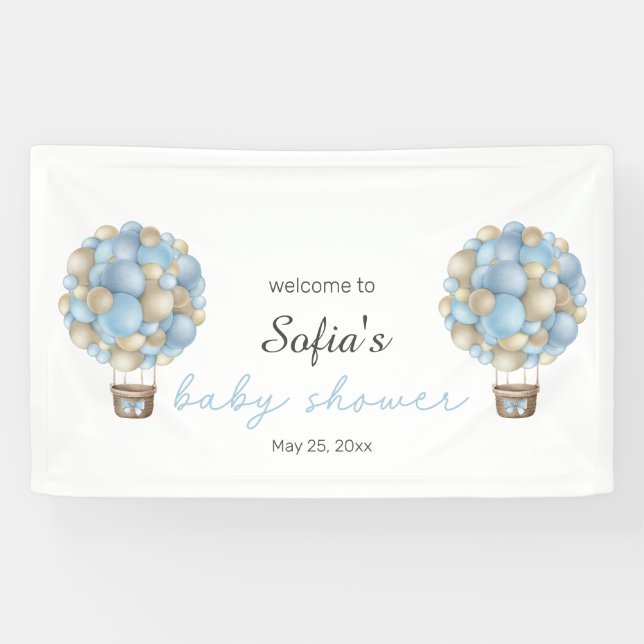 Blue Hot Air Balloon Boy Baby Shower Banner (Horizontal)