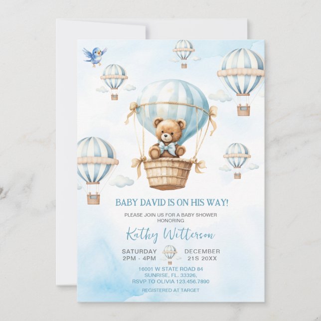 Blue Hot Air Balloon Boy Baby Shower  Invitation (Front)