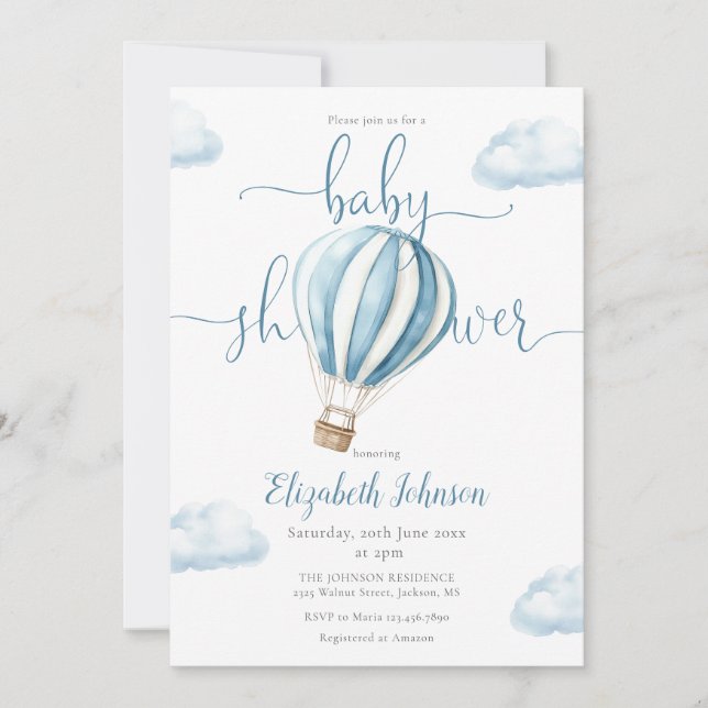 Blue Hot Air Balloon Boy Baby Shower Invitation (Front)