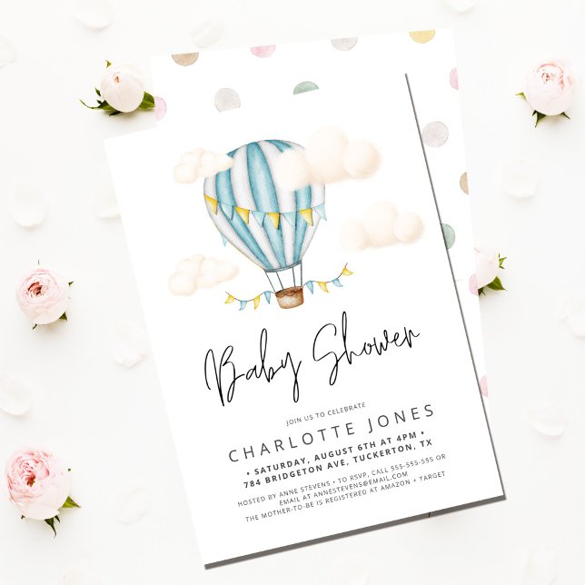 Blue Hot Air Balloon Boy Baby Shower Invitation (Creator Uploaded)